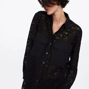 ZARA LONG LACE BUTTON UP COLLARED BLOUSE SHIRT